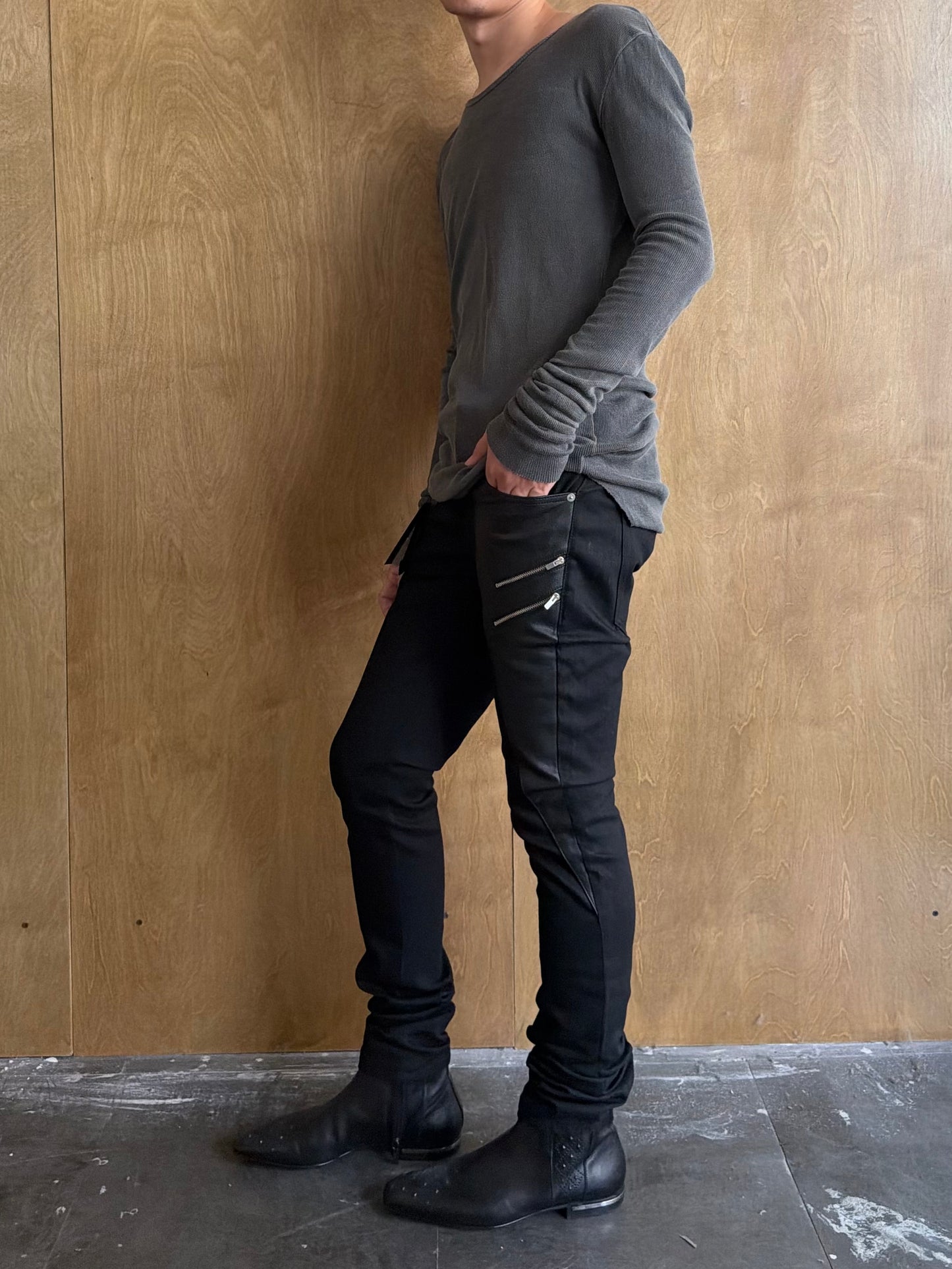 Saint Laurent FW15 D02 Leather-Panel Five-Zip Jeans