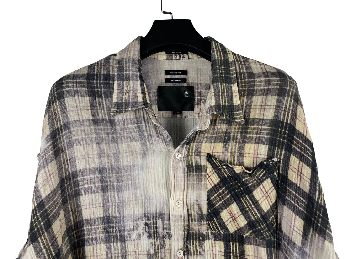R13 Shredded Seam Bleached Plaid Oversized Flannel Shirt SS24