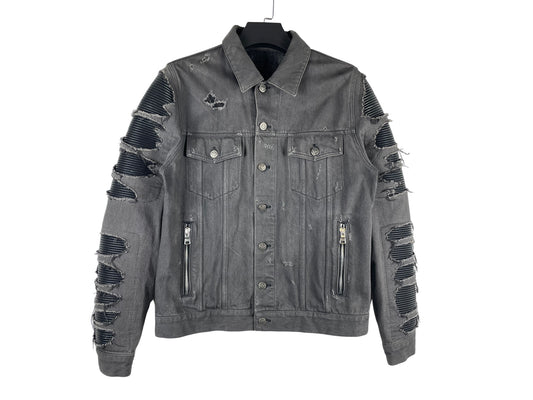 Balmain Leather-Panel Biker Denim Jacket