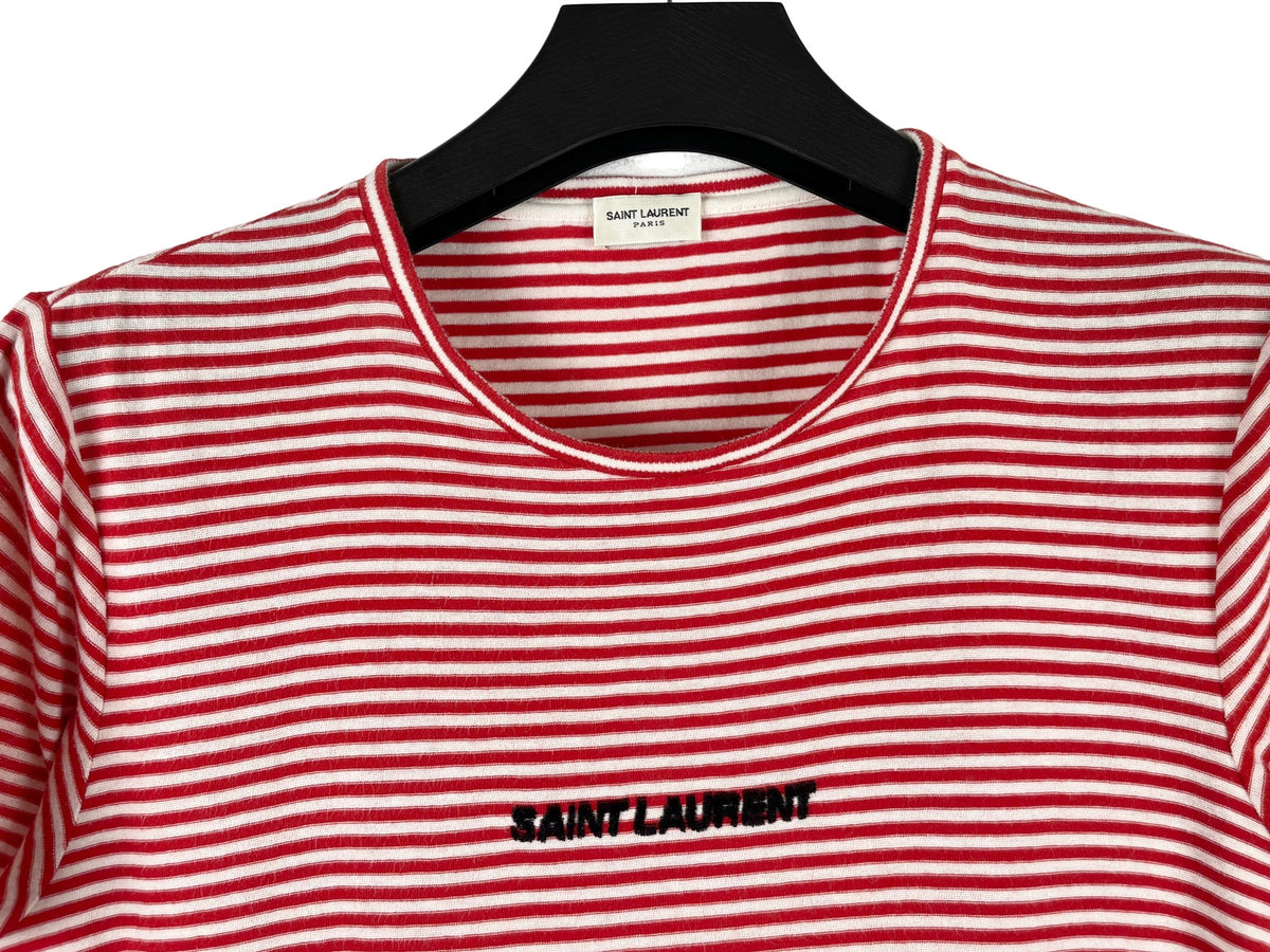 Saint Laurent Small Logo Red and White Striped T-Shirt