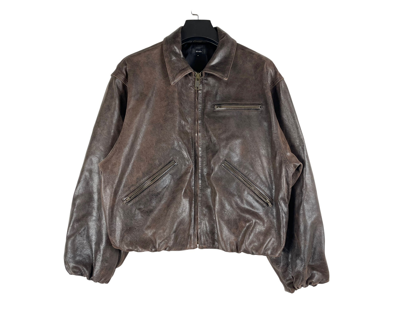 Beams Goat Leather Wide Short Fit Zip Jacket Brown