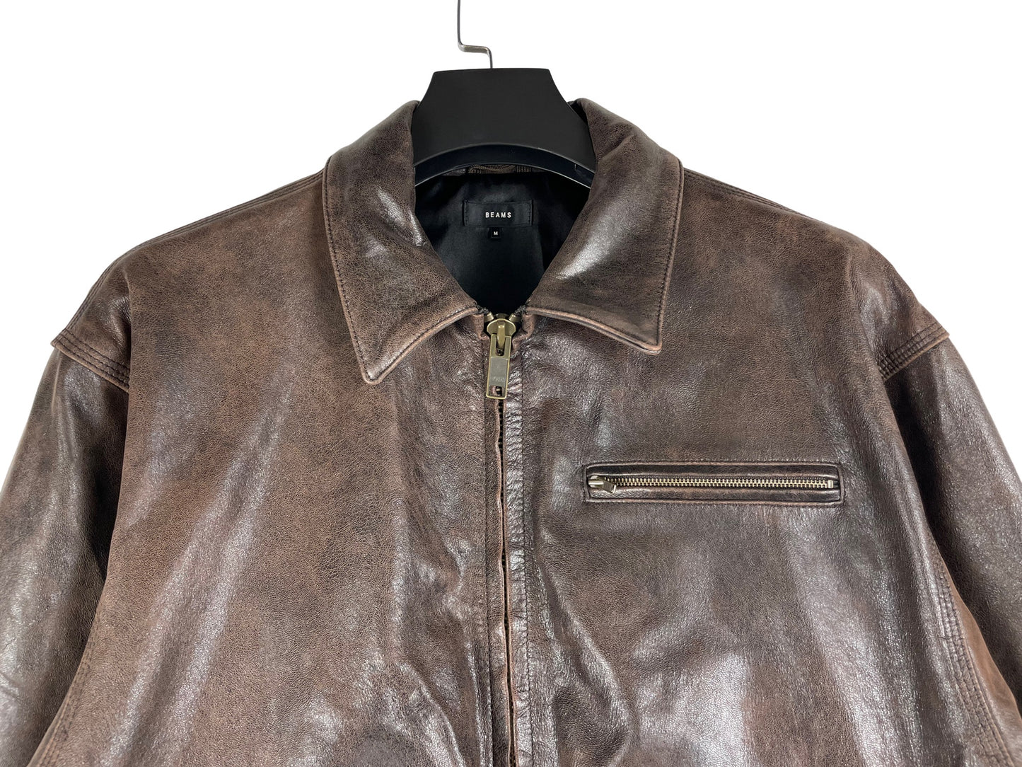 Beams Goat Leather Wide Short Fit Zip Jacket Brown