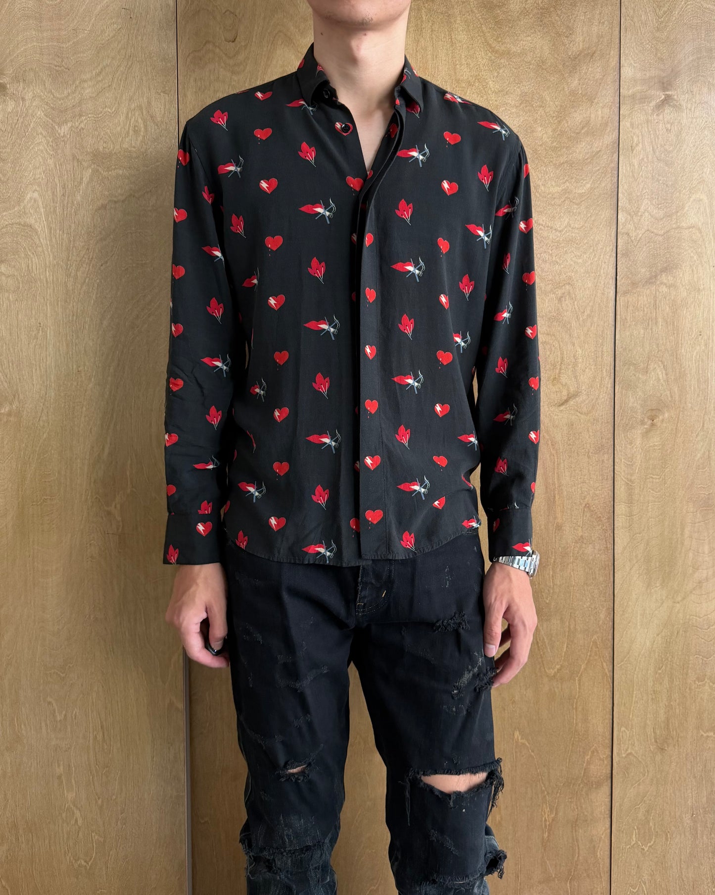 Saint Laurent No Smoking Heart Print Silk Shirt AW17
