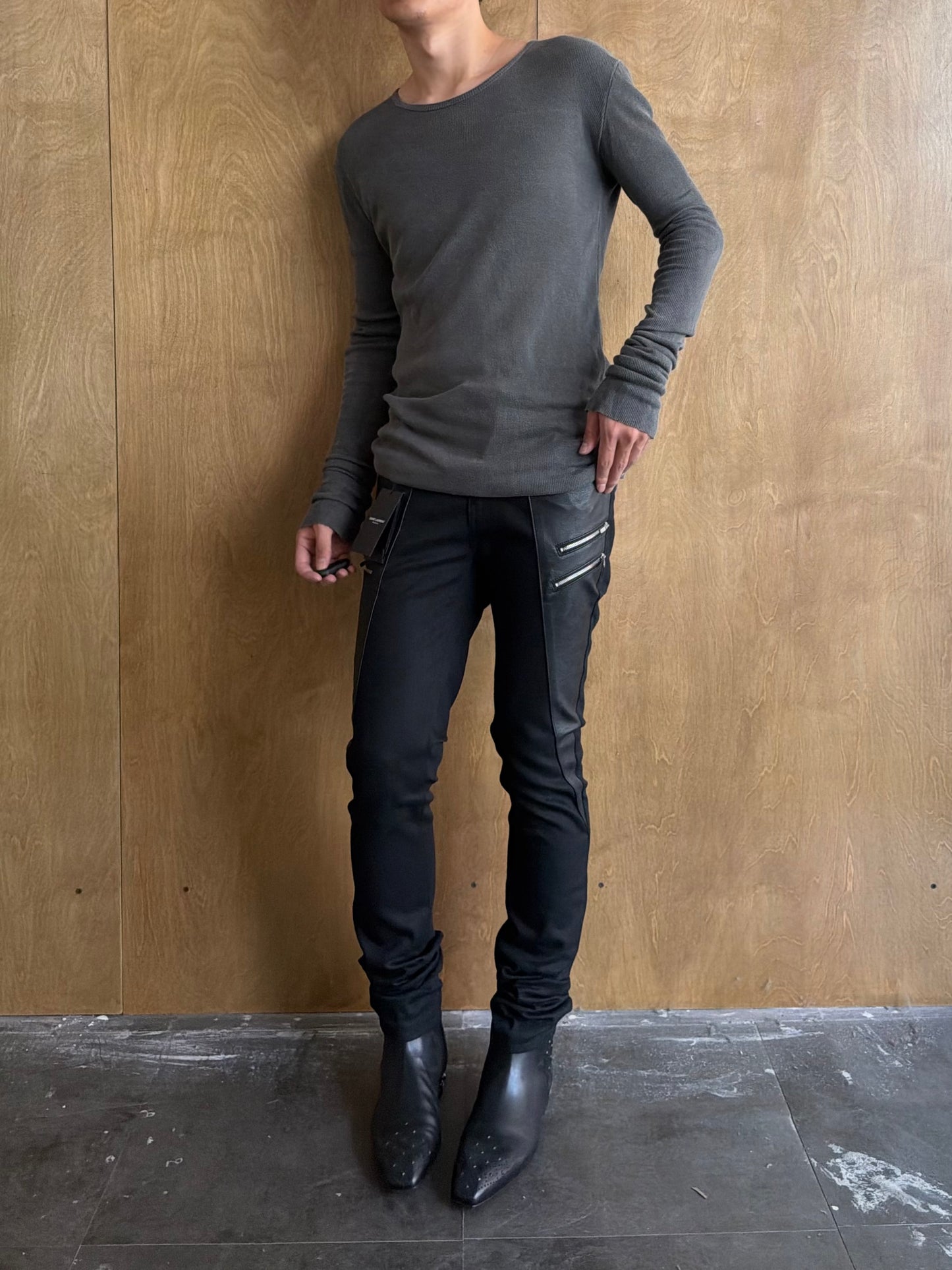 Saint Laurent FW15 D02 Leather-Panel Five-Zip Jeans