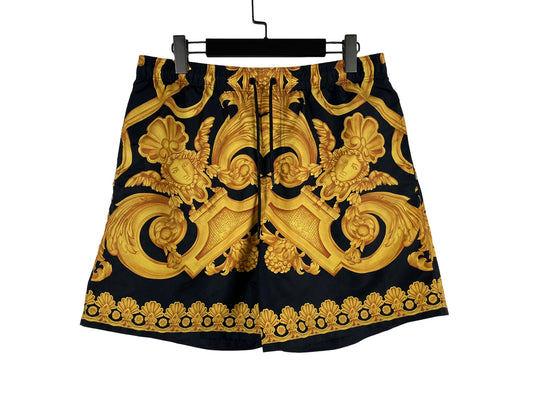 Versace Shorts Heritage Print Silk Fabric Black Gold Shorts