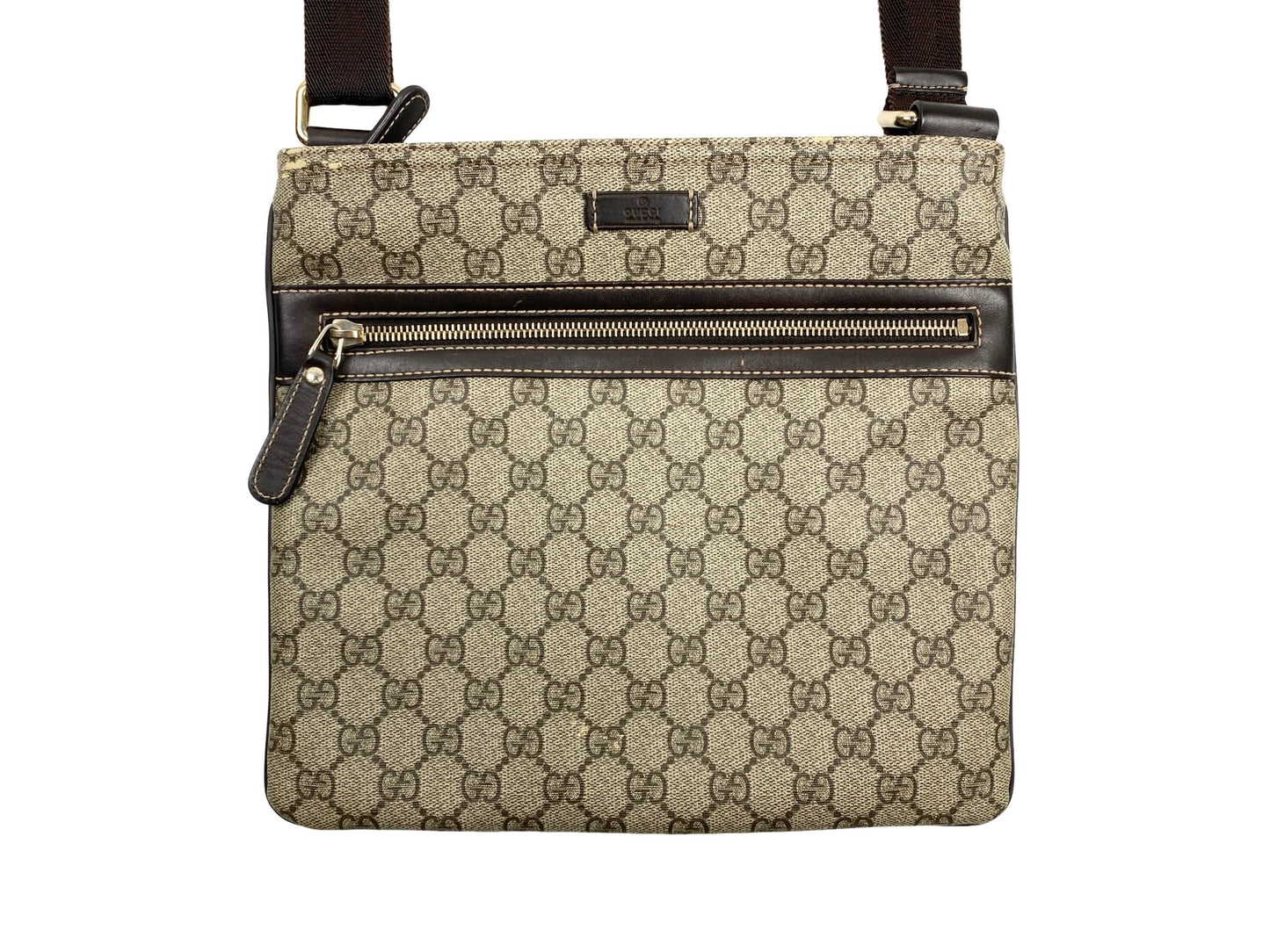 Gucci GG Supreme Monogram Selleria Small Flat Side Zip Messenger Bag Beige