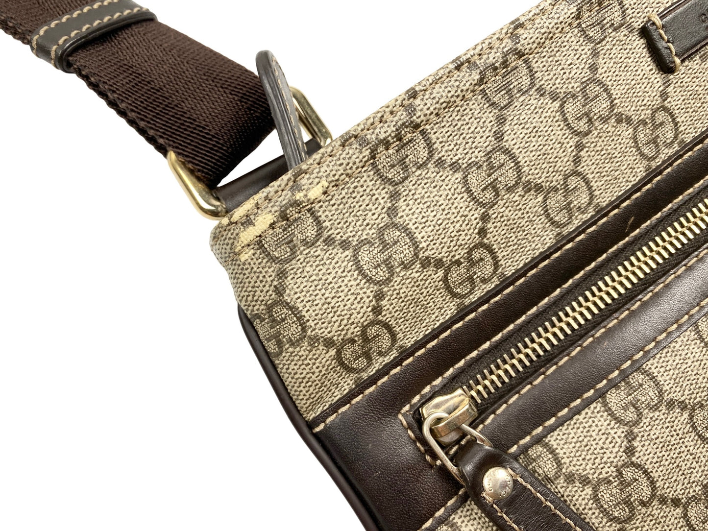 Gucci GG Supreme Monogram Selleria Small Flat Side Zip Messenger Bag Beige